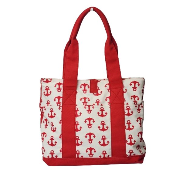 Unbranded Canvas Boat Tote Red Anchor Print Snap Closure Pockets/Change Purse - Picture 1 of 13